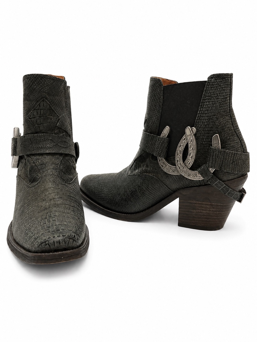 FREE PEOPLE LADY LUCK Leather Western Booties Silver Horseshoe Hardware BNWOT 7 - Picture 2 of 14